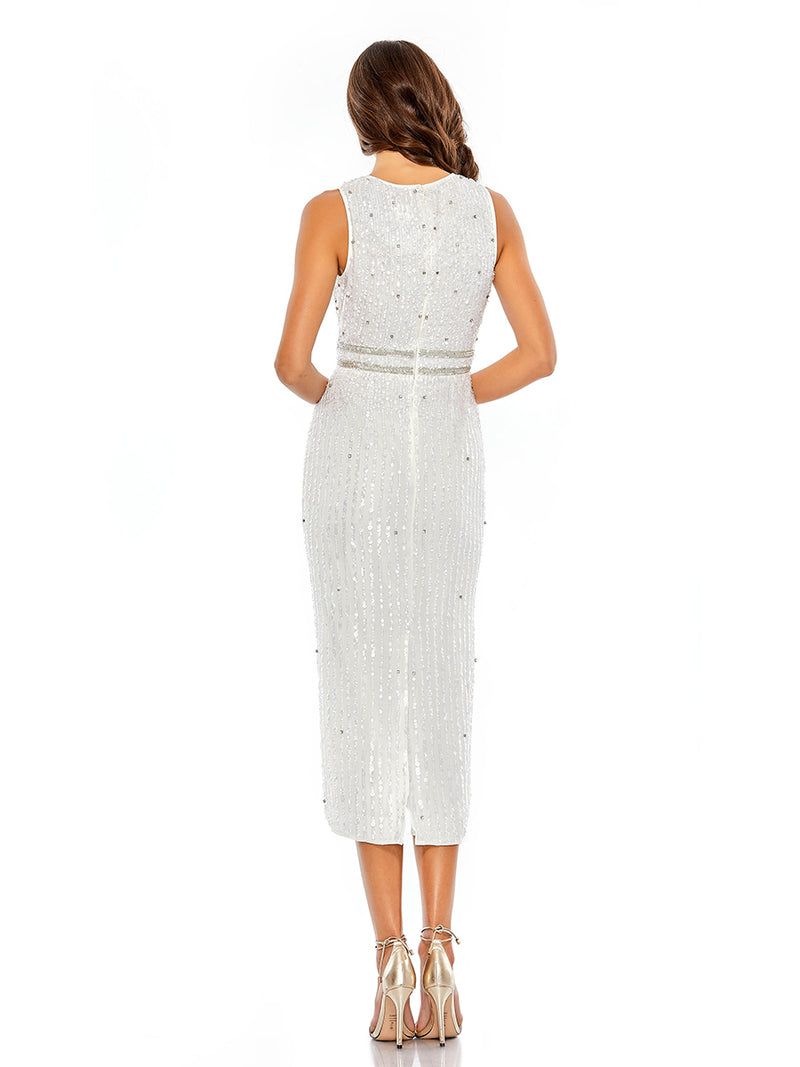 Sleeveless High Neck Beaded Midi Sheath Dress