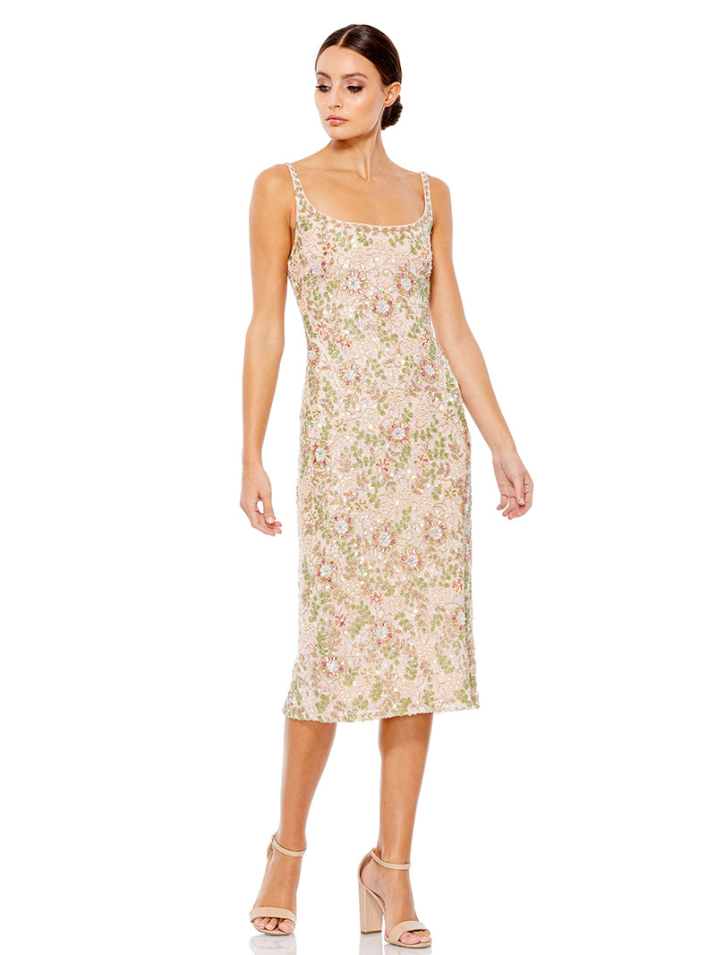 Sleeveless Hand Beaded Floral Midi Dress