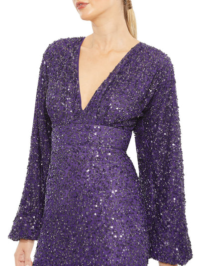 Sequined Puff Sleeve V Neck Gown