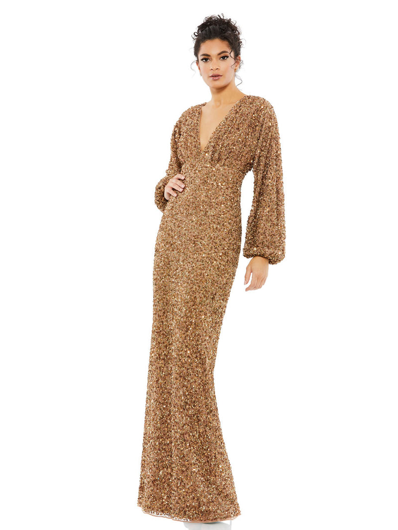 Sequined Puff Sleeve V Neck Gown