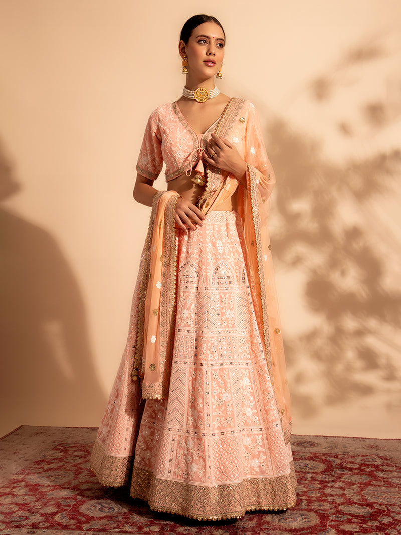 Dark Peach Designer Georgette Lehenga Choli