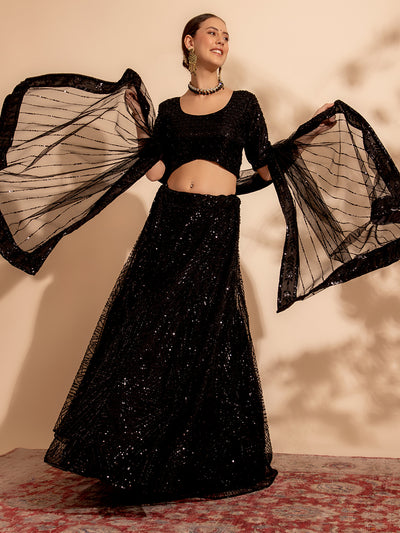 Black Designer Net Lehenga Choli with Handwork