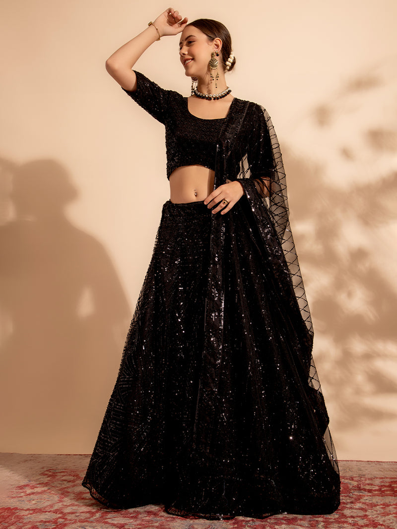 Black Designer Net Lehenga Choli with Handwork