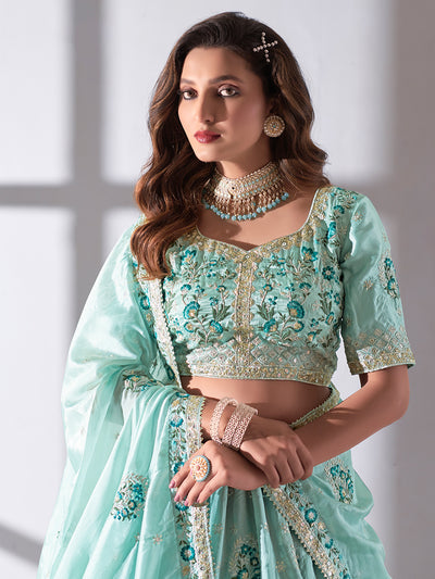 Sky Blue Designer Organza Lehenga Choli