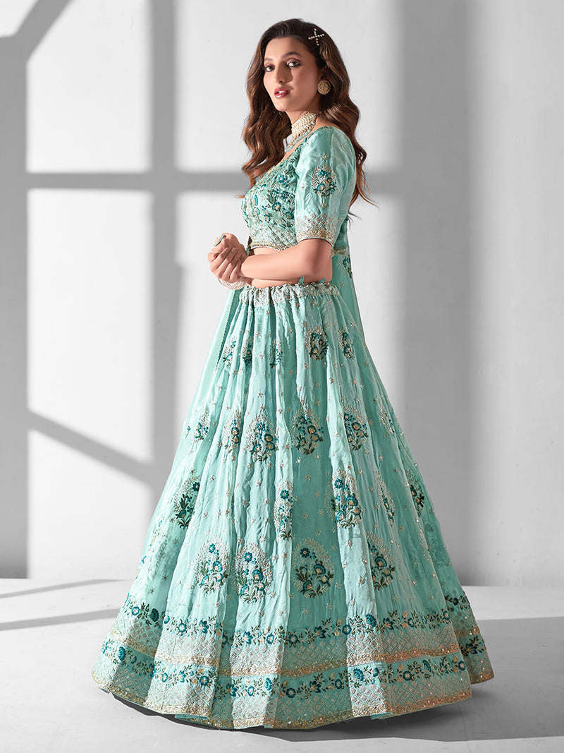 Sky Blue Designer Organza Lehenga Choli