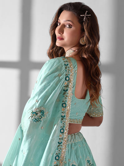 Sky Blue Designer Organza Lehenga Choli