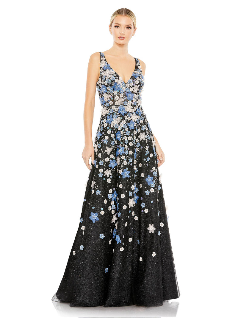 Floral Applique Sleeveless A-Line Evening Gown