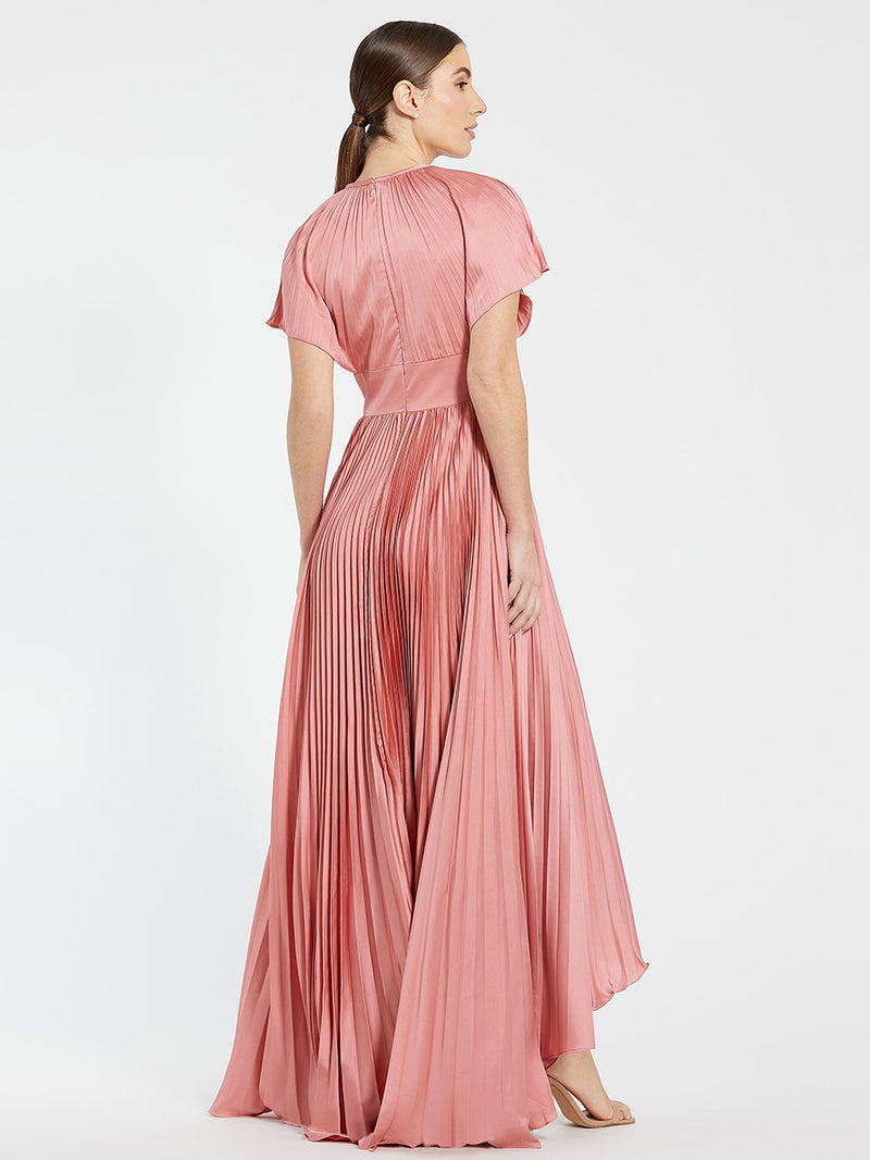 Pink Front Cutout High Low Pleated Gown