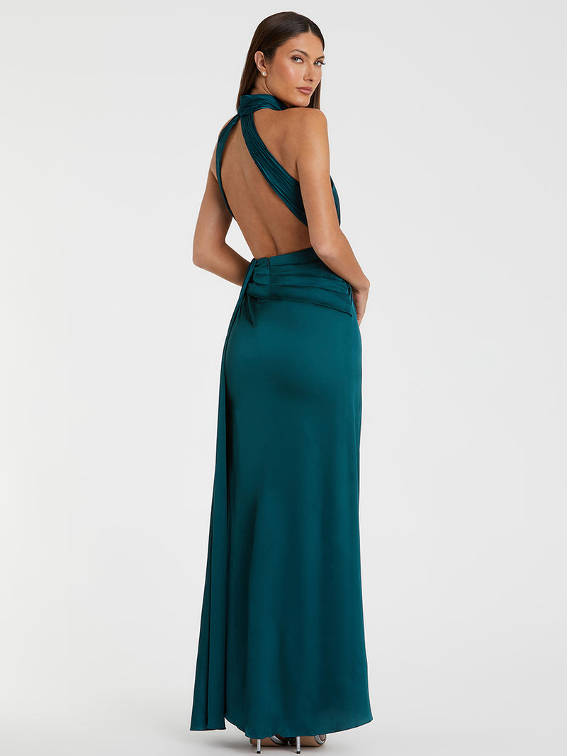 Open Back High Neck Side Ruched Gown
