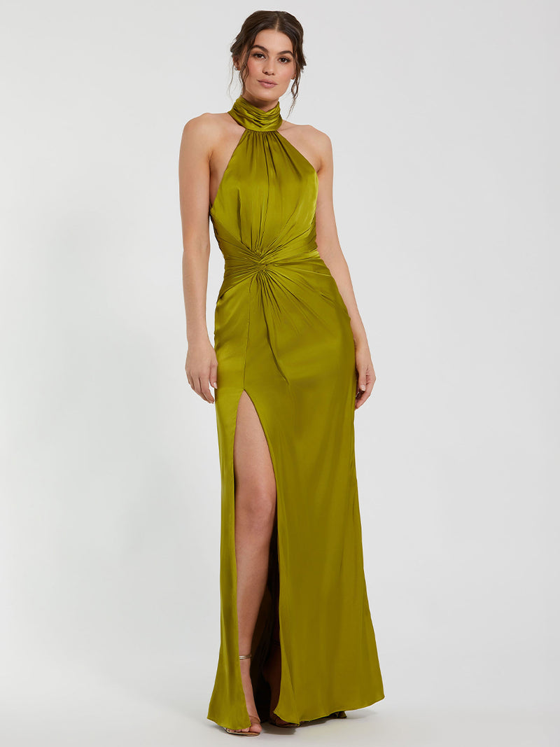 Open Back High Neck Side Ruched Gown