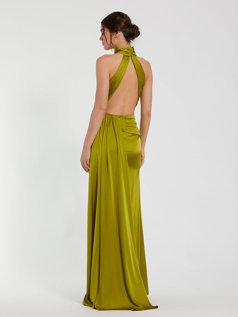 Open Back High Neck Side Ruched Gown