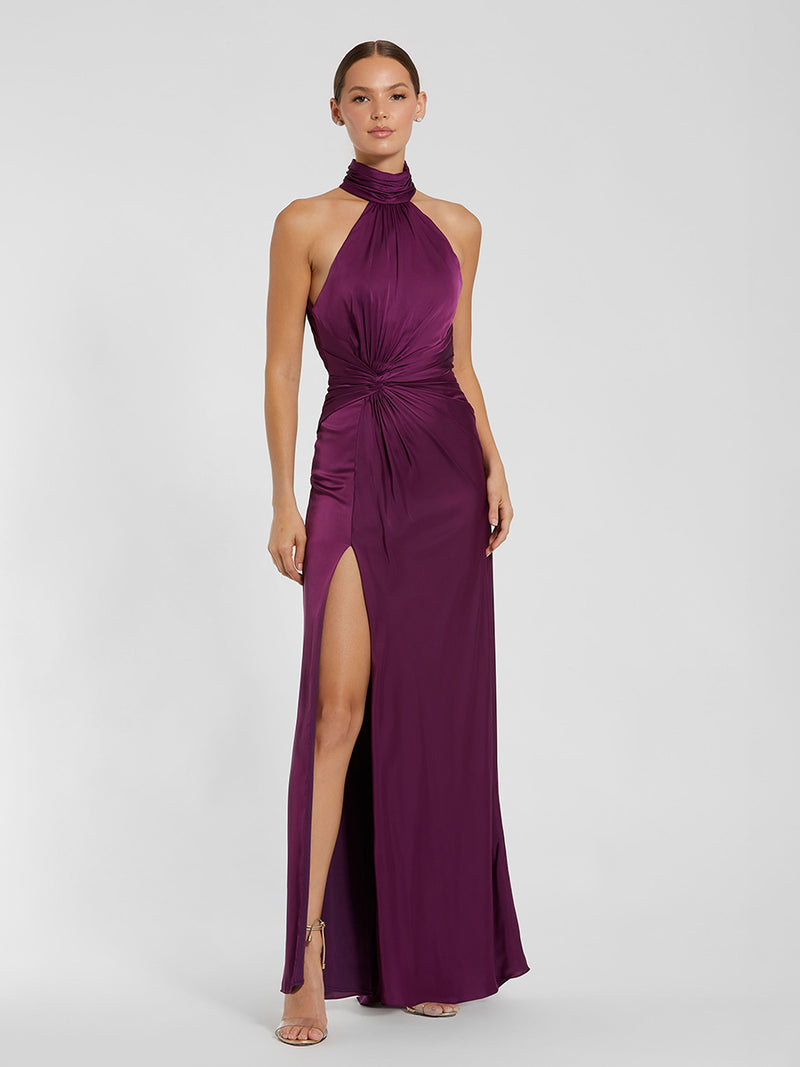 Open Back High Neck Side Ruched Gown