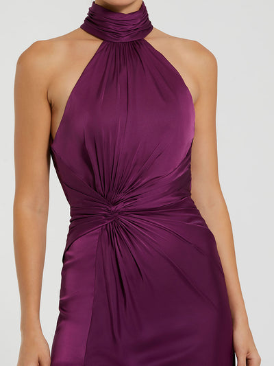 Open Back High Neck Side Ruched Gown