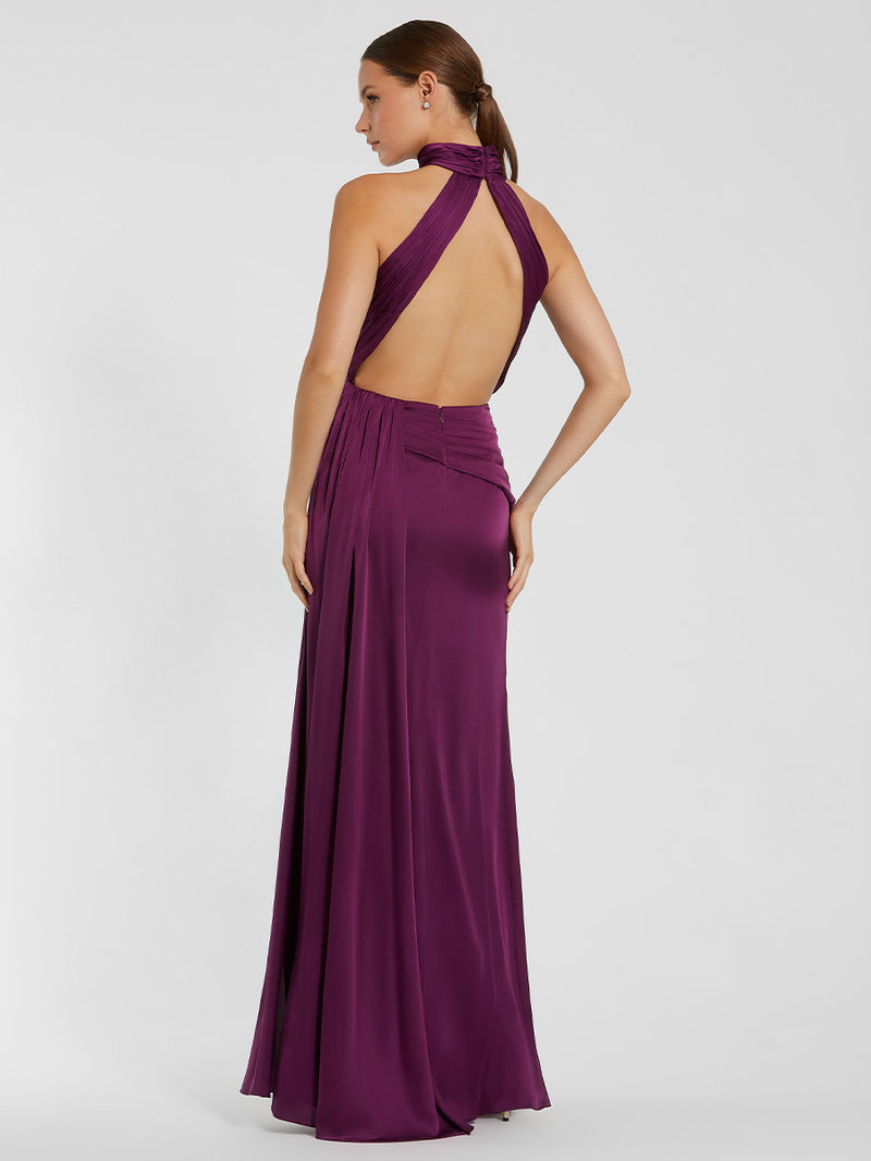 Open Back High Neck Side Ruched Gown