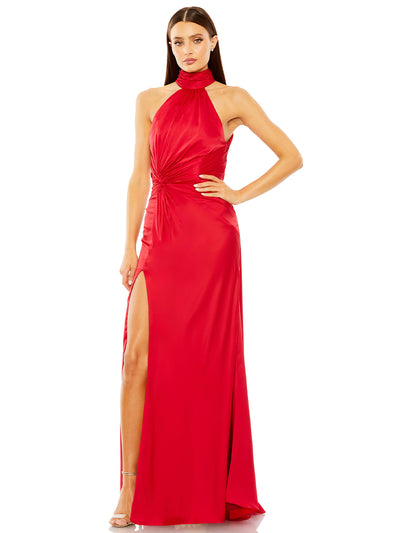 Open Back High Neck Side Ruched Gown