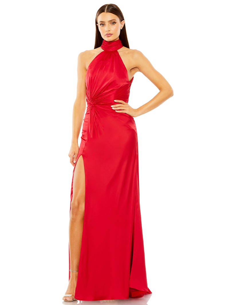 Open Back High Neck Side Ruched Gown