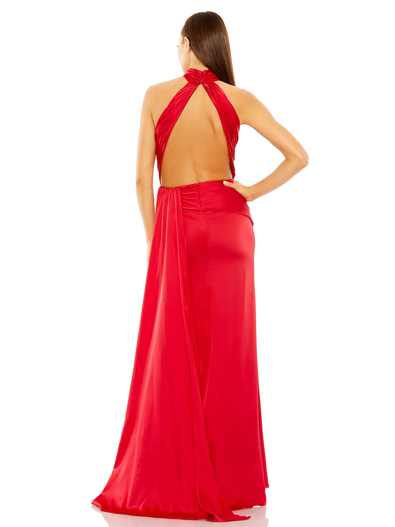 Open Back High Neck Side Ruched Gown