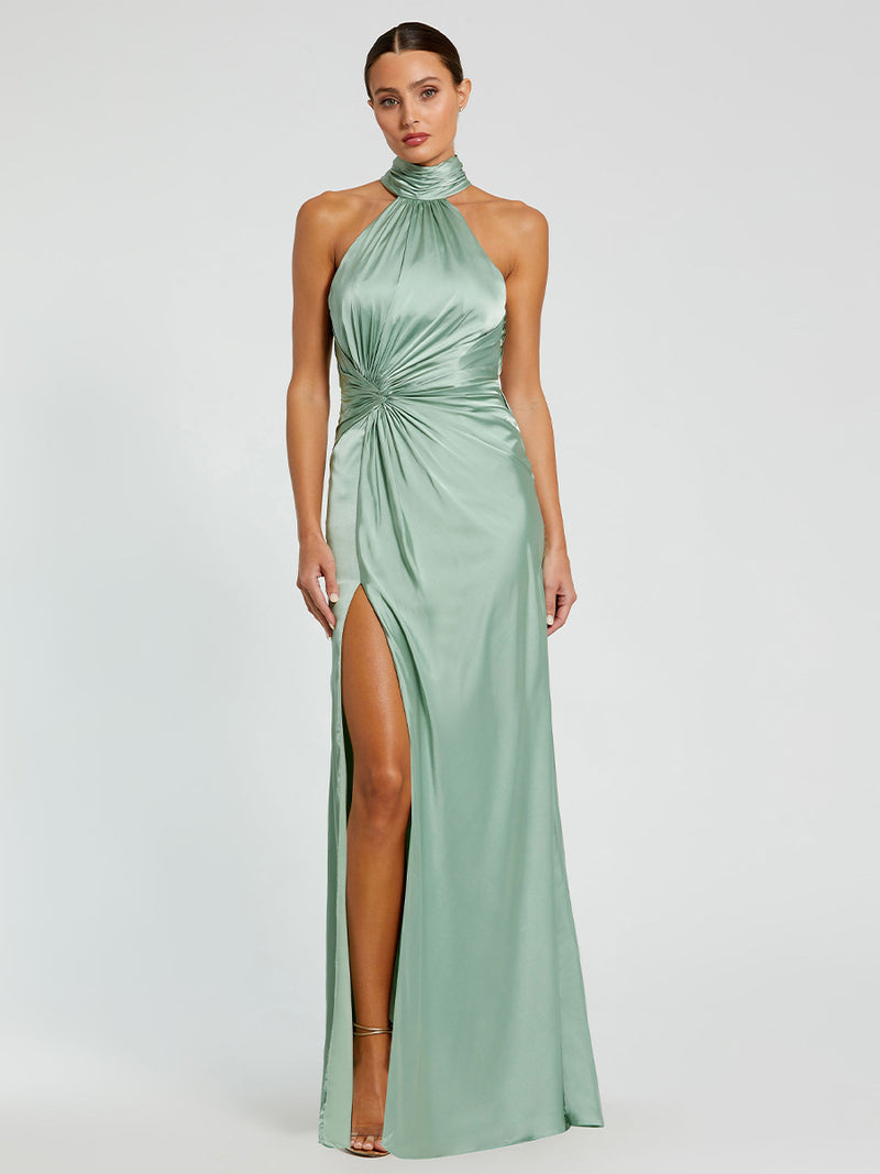 Open Back High Neck Side Ruched Gown
