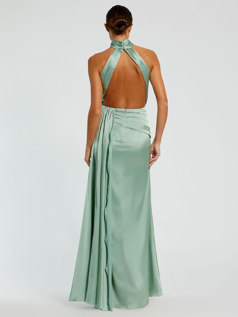 Open Back High Neck Side Ruched Gown