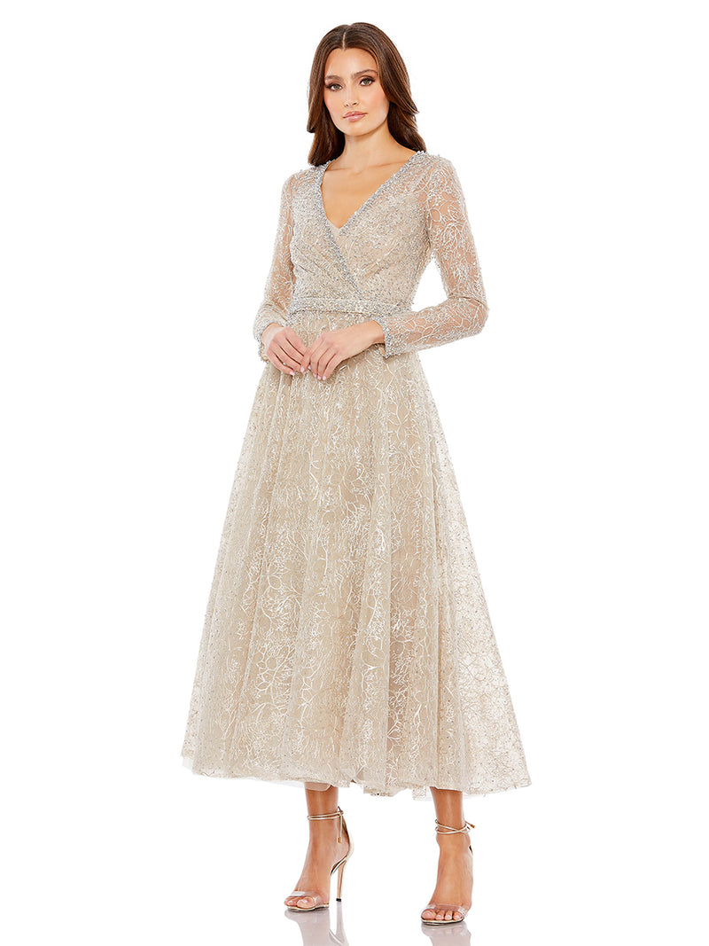Embellished Wrap Over Long Sleeve Midi Dress