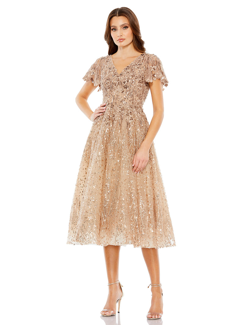 Embellished Butterfly Fit And Flare Tea-length Dress
