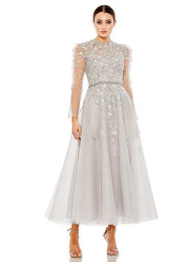 Embellished Gathered Long Sleeve A-line Gown