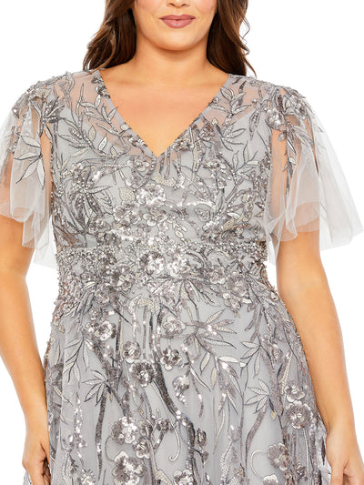 High Neck Flutter Sleeve Embellished A-line Gown