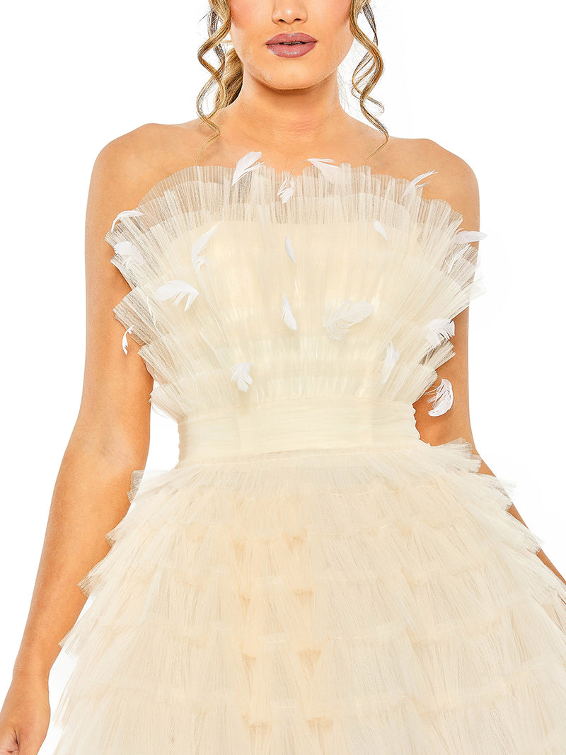 Feathered Strapless Tulle Fit And Flare Dress