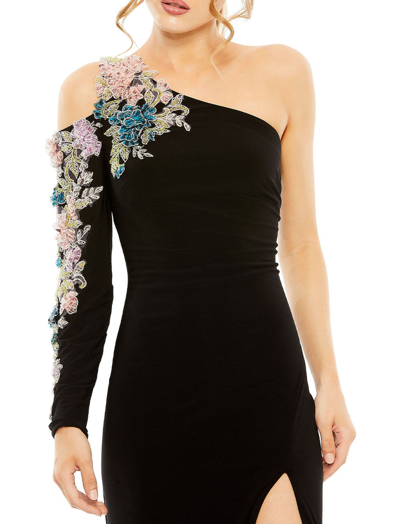 One Shoulder Long Sleeve Floral Embellished Gown