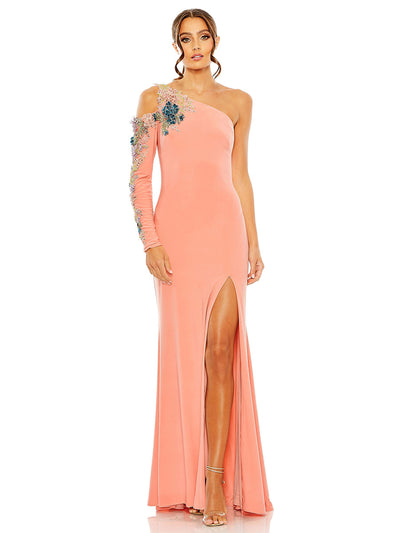 One Shoulder Long Sleeve Floral Embellished Gown