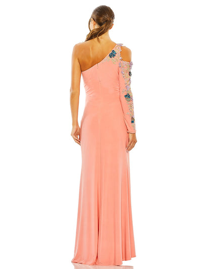 One Shoulder Long Sleeve Floral Embellished Gown