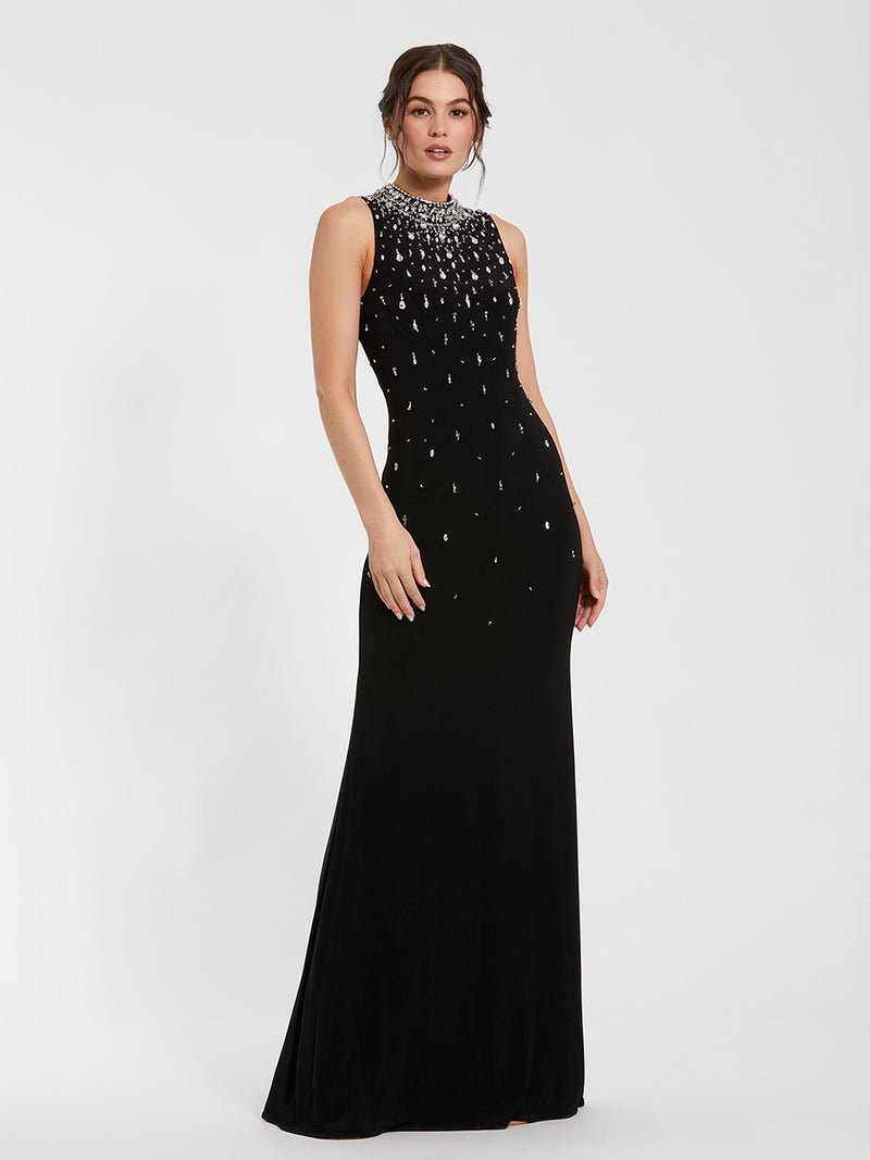 Black High Neck Sleeveless Beaded Jersey Fitted Gown