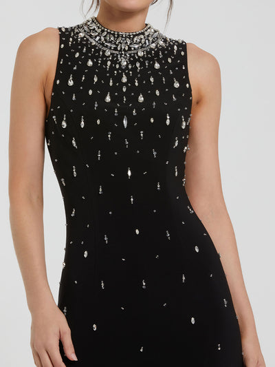 Black High Neck Sleeveless Beaded Jersey Fitted Gown