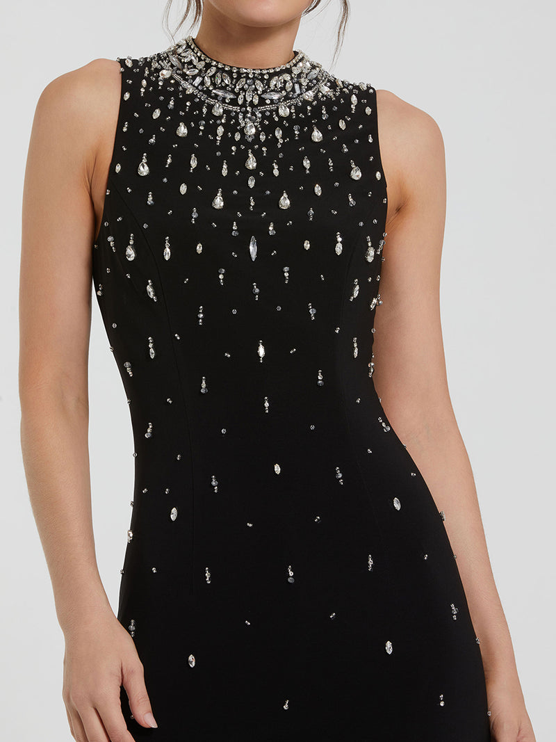 Black High Neck Sleeveless Beaded Jersey Fitted Gown