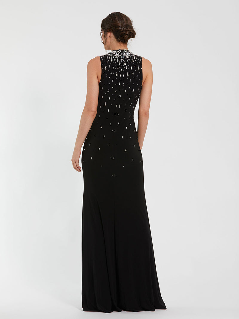 Black High Neck Sleeveless Beaded Jersey Fitted Gown