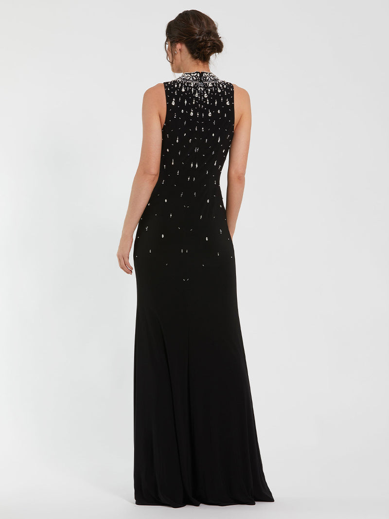 Black High Neck Sleeveless Beaded Jersey Fitted Gown