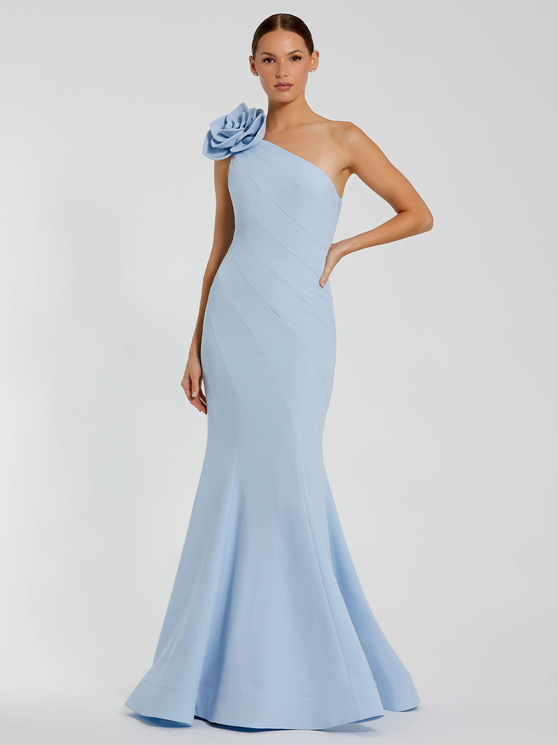 Blue One Shoulder Mermaid Gown With 3D Flower