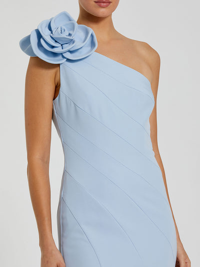 Blue One Shoulder Mermaid Gown With 3D Flower