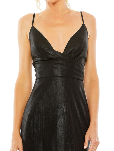 Black Metallic Faux Wrap Spaghetti Strap Gown