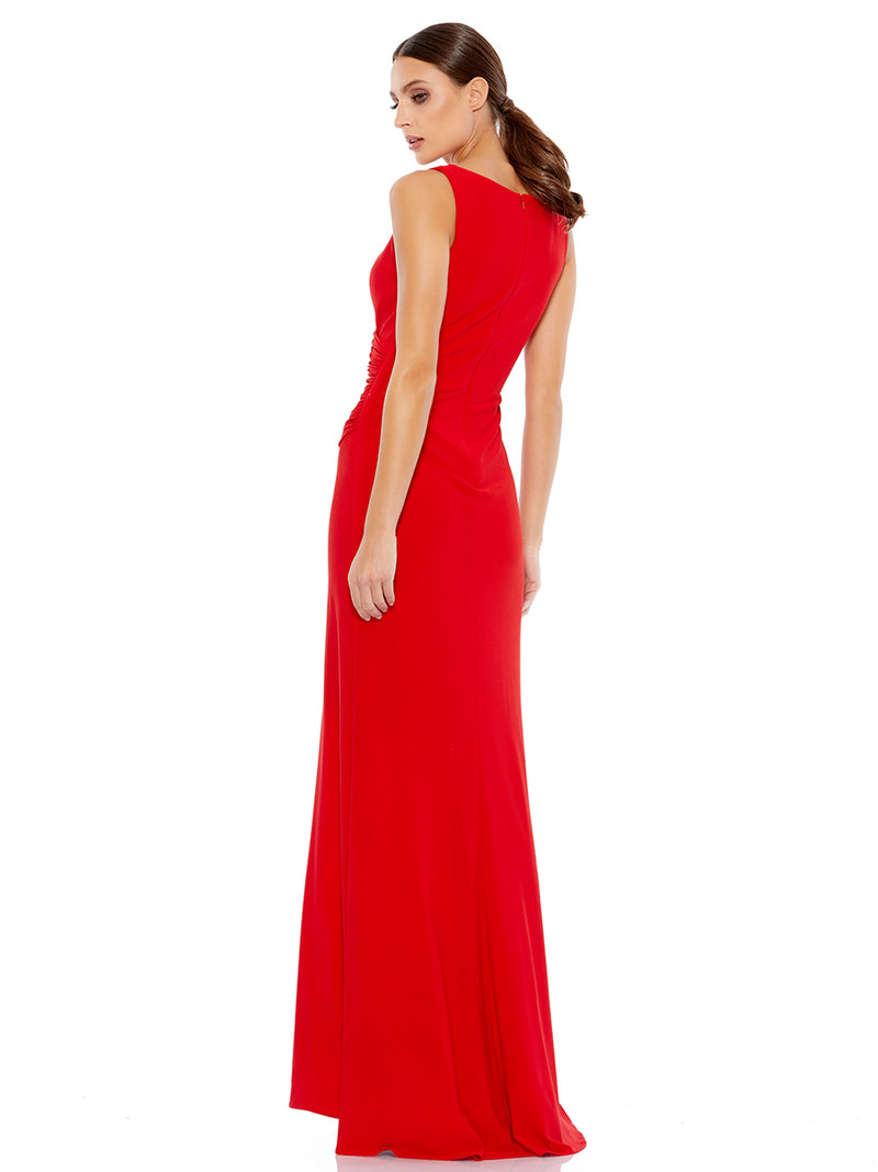Faux Wrap Sleeveless V Neck Gown