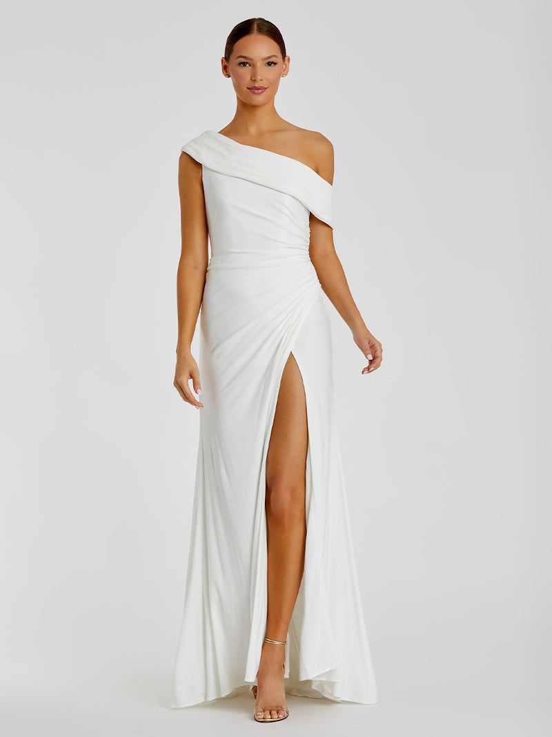 White Foldover Off-the-Shoulder Slit Gown