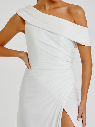 White Foldover Off-the-Shoulder Slit Gown