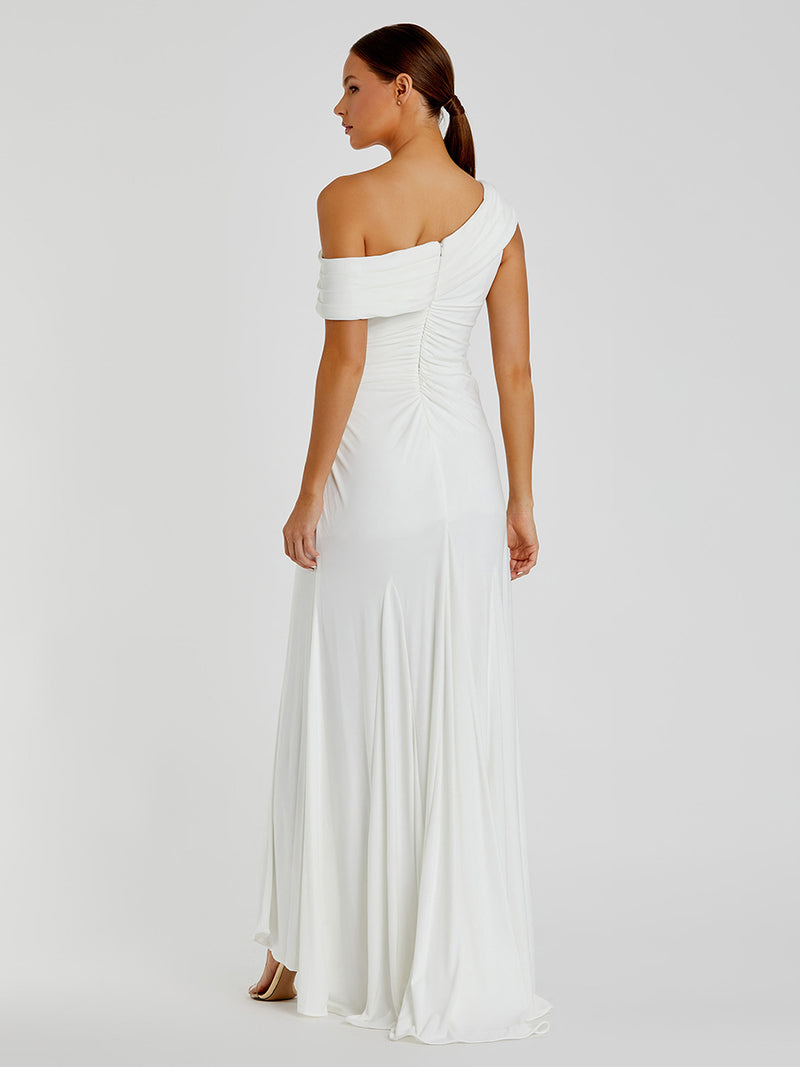 White Foldover Off-the-Shoulder Slit Gown