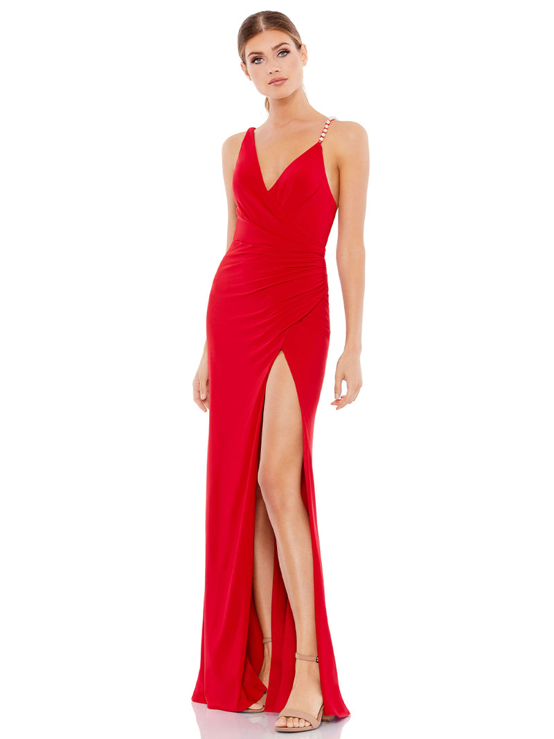 Red Faux Wrap Pearl Strap Gown