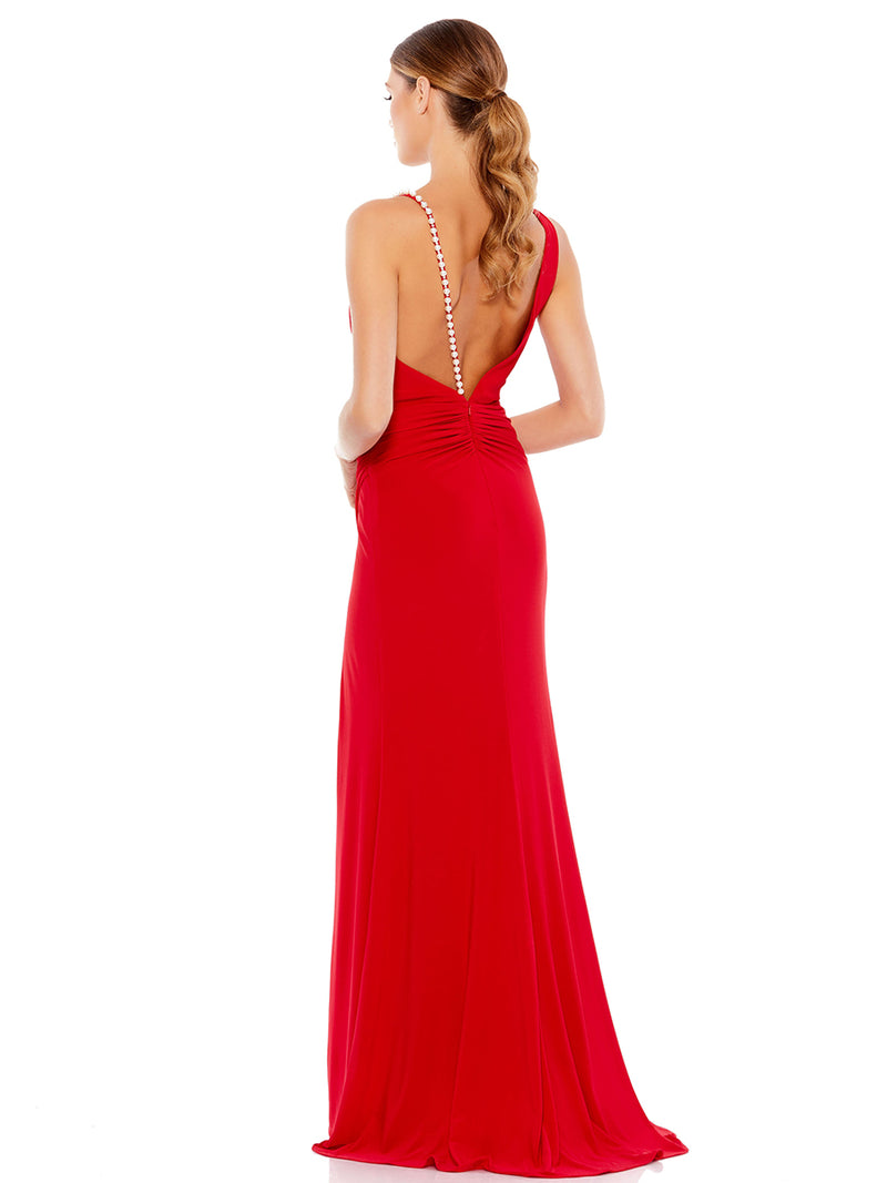 Red Faux Wrap Pearl Strap Gown