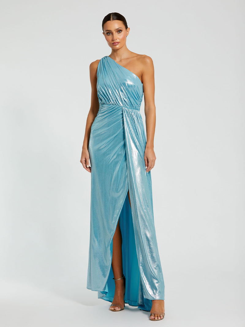 Blue One Shoulder Draped Gown