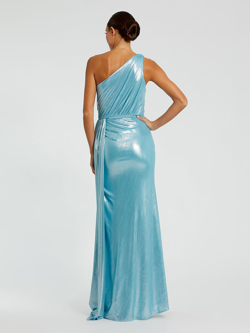 Blue One Shoulder Draped Gown