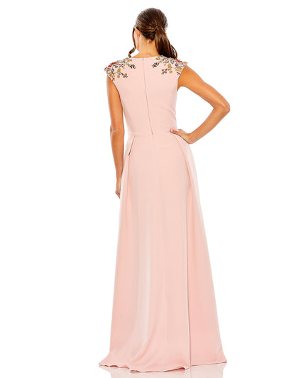 Pink Beaded Cap Sleeve V Neck A Line Gown