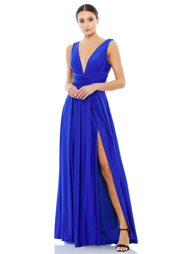 Blue Jersey Plunge Neck Evening Gown
