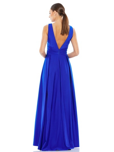 Blue Jersey Plunge Neck Evening Gown